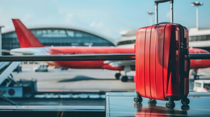 Naklejka premium Travel suitcase positioned at the entrance of a bus station for convenient transportation