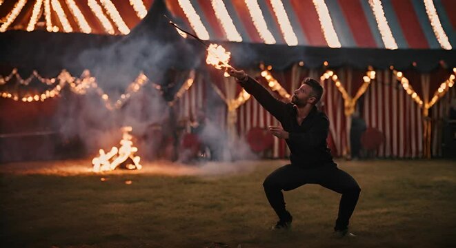 Juggler with fire juggling.