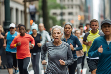 Multiethnic group of individuals of various ages jogging together through city streets