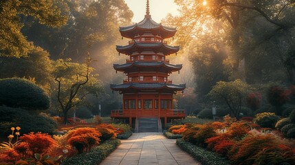 Japanese pagoda surrounded by carefully landscaped gardens. AI generate illustration - obrazy, fototapety, plakaty