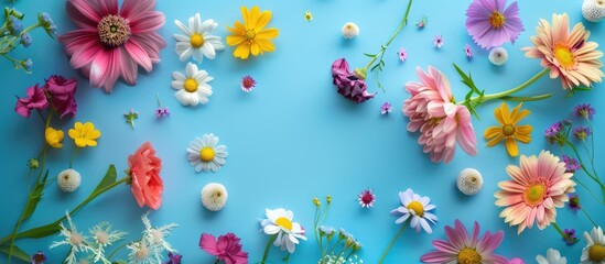 Fresh flowers on a blue background with a spring theme. - obrazy, fototapety, plakaty