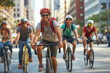 Diverse group of happy cyclists pedaling through a sunny city street