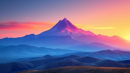 A striking silhouette of a mountain peak against a vibrant sunset sky. AI generate illustration