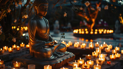 Vesak. Buddha sits around a large number of candles made by people with their own hands