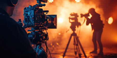 Fototapeta premium Film crew in the middle of a shoot. There are multiple camera operators, a director, and other crew members. The set is lit with orange lights and there is a large screen in the background.