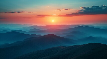 Mountain ridge during sunset, showcasing a gradient of warm colors in the sky. AI generate illustration - obrazy, fototapety, plakaty