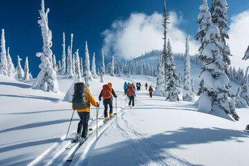 Group of skiers with backpacks ascending a snowy mountain trail amidst frosted trees