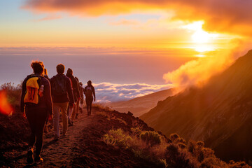 Hikers embark on a guided journey at dawn, witnessing a breathtaking sunrise from the trail
