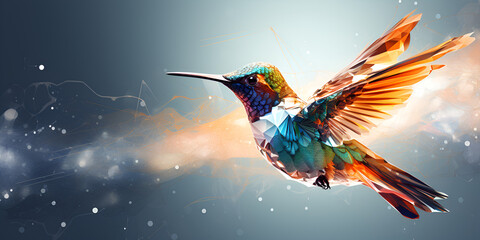 hummingbird in the air, data flow concept with Digital humming bird flying on dark-blue background - obrazy, fototapety, plakaty