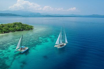Obraz premium Aerial view of travelers on two sailboats embarking on a group sailing expedition in clear tropical seas