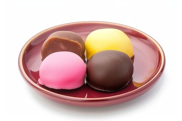 Marzipan with chocolate in pink and yellow colors on a white plate against a isolated white background.