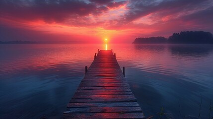 Pier extending into a calm lake at sunset. AI generate illustration - obrazy, fototapety, plakaty