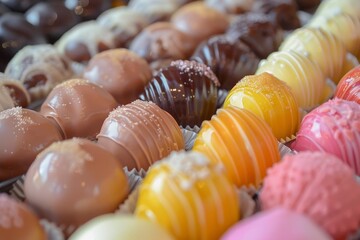 A close-up shot of an assortment of colorful marzipan, arranged in rows on display at the confectionery shop.