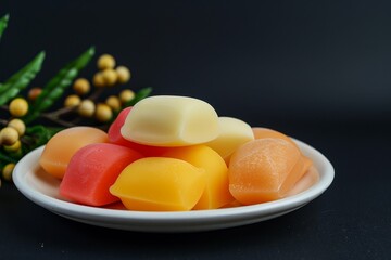 Food photography of marzipan on a white plate against a black background, with yellow, pink and orange colors.
