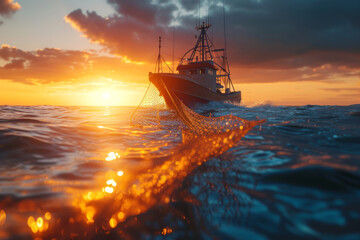 fishing vessel with net in the sea at sunset, close up with space for text or inscriptions
