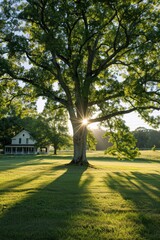 A large tree stands in the center of an open field, with sunlight filtering through its leaves 