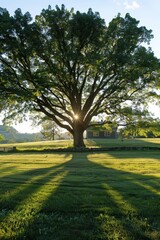 A large tree stands in the center of an open field, with sunlight filtering through its leaves a