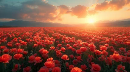Foto op Aluminium Field of poppies in a rural landscape, bathed in the soft light of the sunrise. AI generate illustration © PandaStockArt