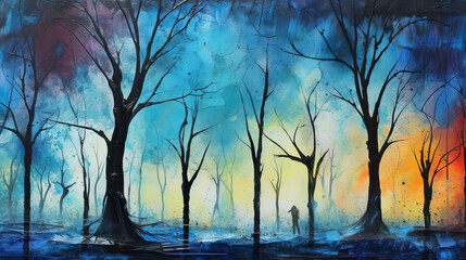 A Solitary Figure Amongst Silhouetted Trees at Twilight in a Colorful Abstract Forest