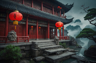 chinese red temple in the morning fantasy scene