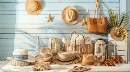 A display of summer accessories set against a white wooden background, perfectly capturing the summer vibe