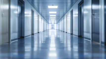 minimalistic blurred background of a corporate hallway with gentle lines of doors and lights.
