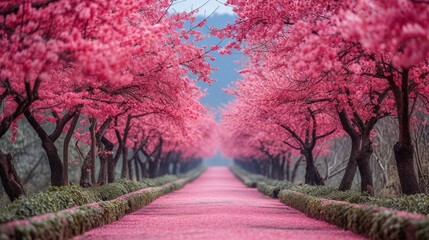 A pathway under a canopy of cherry blossoms. AI generate illustration - obrazy, fototapety, plakaty