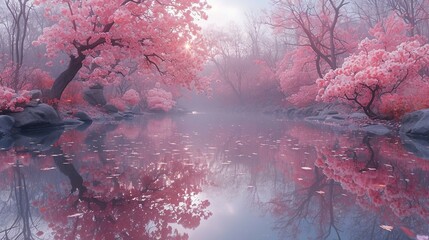 Cherry blossom reflection pond. AI generate illustration
