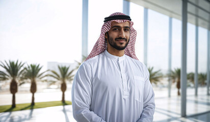 Young handsome Emirati business man in UAE traditional outfit. Arabic ambitious mature businessman.