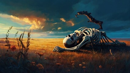 A lonely skeleton dead corpse laying on the yellow grass in the field under the dramatic blue sky. Dramatic colorful surreal death illustration wallpaper concept. - obrazy, fototapety, plakaty