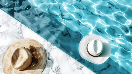 A minimalistic fashion aesthetic scene featuring sunglasses and a straw hat beside a marble swimming pool with clear blue water, highlighted by wave patterns and light reflections