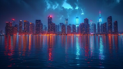 A city skyline at night with lights creating a dynamic and vibrant urban landscape. AI generate illustration