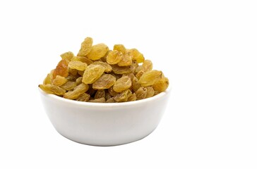 Closeup of Golden Raisin in a White Bowl Isolated on White Background with Copy Space