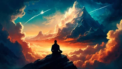 Poster Silhouette of a meditating man person sitting on the top of a mountain in lotus pose surrounded by surreal clouds and mountains view. Colorful spiritual conciousness illustration concept. © Leon K