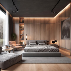 Cozy interior of bedroom in modern house in lounge style.