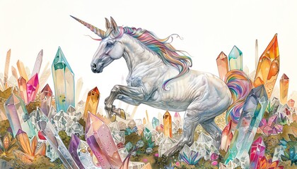 Explore the enchantment of a regal unicorn frolicking in a field of shimmering crystals from a ground-level view, blending ethereal colors with intricate linework in watercolor
