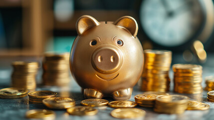 The concept of wealth and money investment growth over time and long term pension fund management and financial business profit strategy, gold coins piggybank and clock banner