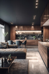 Interior of kitchen in modern house in lounge style.