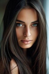 Naklejka premium beautiful brunette woman witlh long straight hair with amazing eyes 