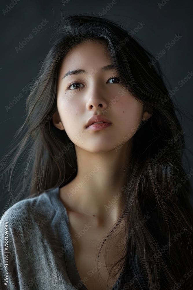 Wall mural beautiful young asian woman, 25 yo, gray background, realism, hyper-realism,