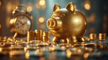 The concept of wealth and money investment growth over time and long term pension fund management and financial business profit strategy, gold coins piggybank and clock banner