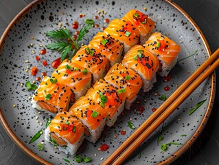 A plate of sushi with salmon and chopsticks.