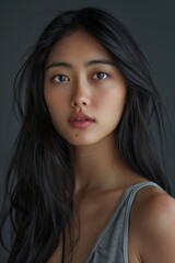beautiful young asian woman, 25 yo, gray background, 