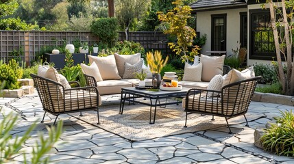 A serene and charming garden patio setting complete with cozy outdoor furniture and accent pillows, creating a relaxing ambiance - obrazy, fototapety, plakaty