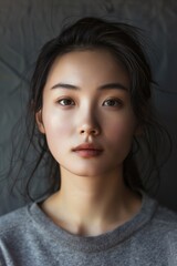 beautiful young asian woman, 25 yo, gray background, realism, hyper-realism,