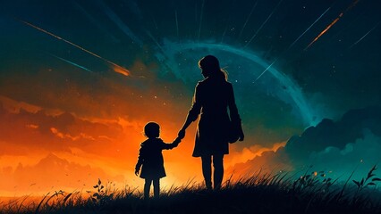 Sillhouettes of a mother and a child standing on the top of the hill in front of scenic panoramic landscape view. Dramatic colorful family love motherhood illustration wallpaper concept. - obrazy, fototapety, plakaty