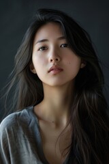 beautiful young asian woman, 25 yo, gray background, realism, hyper-realism, 