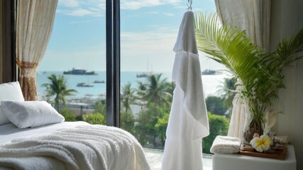 Fluffy bathrobes, gently swaying in a soft breeze from an open window, evoking a sense of tranquility in the honeymoon suite.