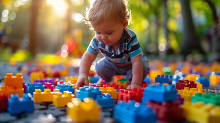 Adorable baby boy playing with colorful plastic building blocks in the park