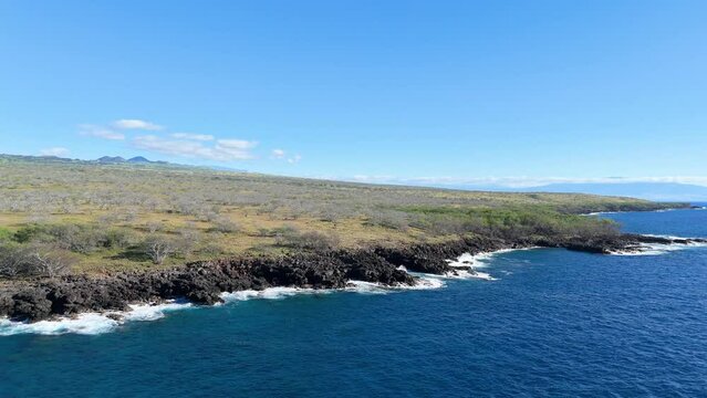 Aerial view of volcanic coastline in Hawaii Island, United States.